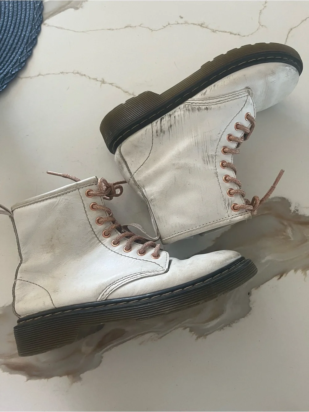 Dr. Martens Kids White Boots with Rose Gold Laces